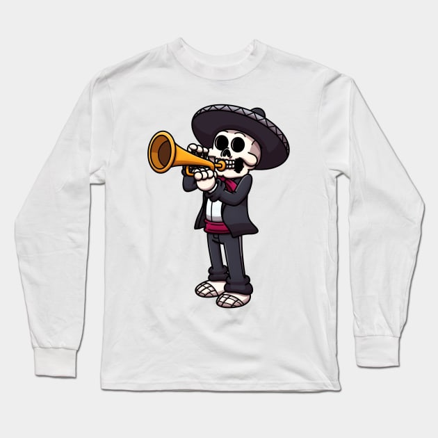 Mariachi Skeleton Playing The Trumpet Long Sleeve T-Shirt by TheMaskedTooner